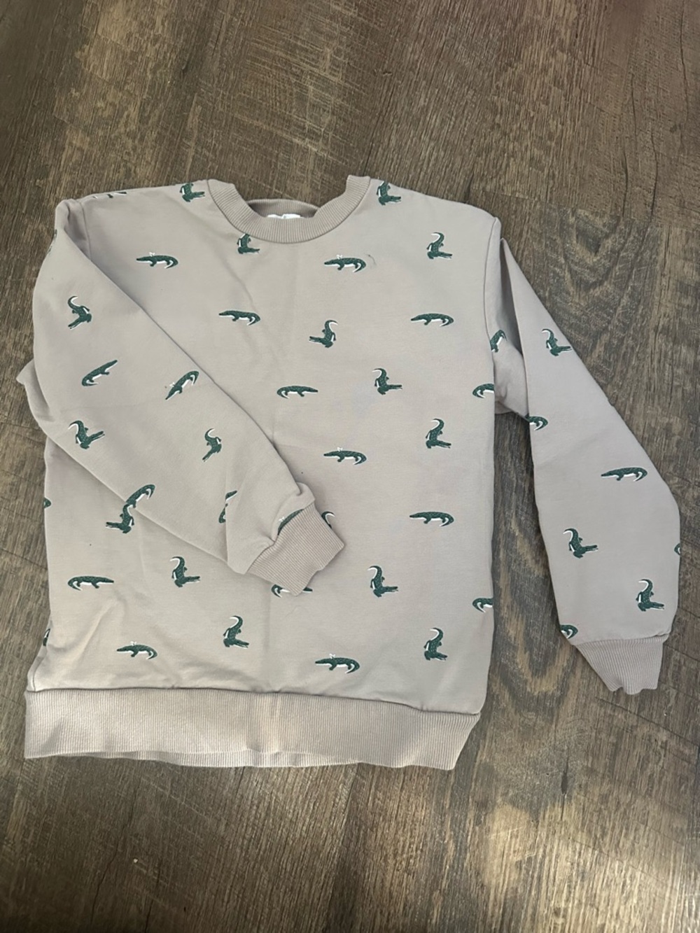 Kids Crewneck Sweater in Light Beige with Green Alligator Print